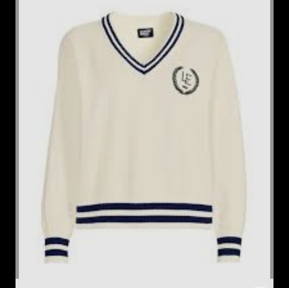 Lands' End Sweaters - Lands' End Women's Ivory V-Neck Sweater with Navy Trim